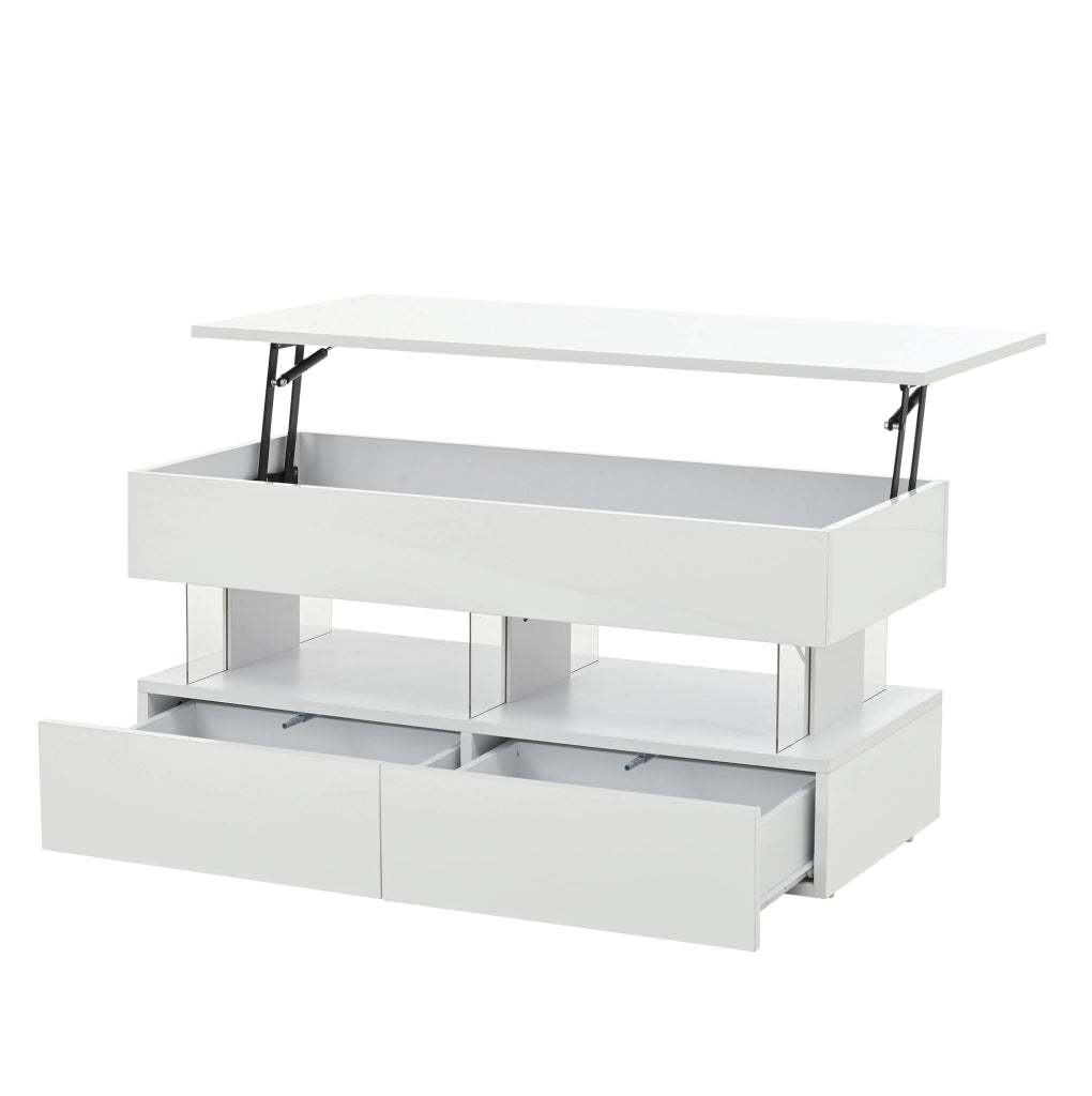 Tavolino da salotto ULEVR 100x50x46 cm con piano sollevabile idraulico, LED Bluetooth e 2 cassetti, bianco