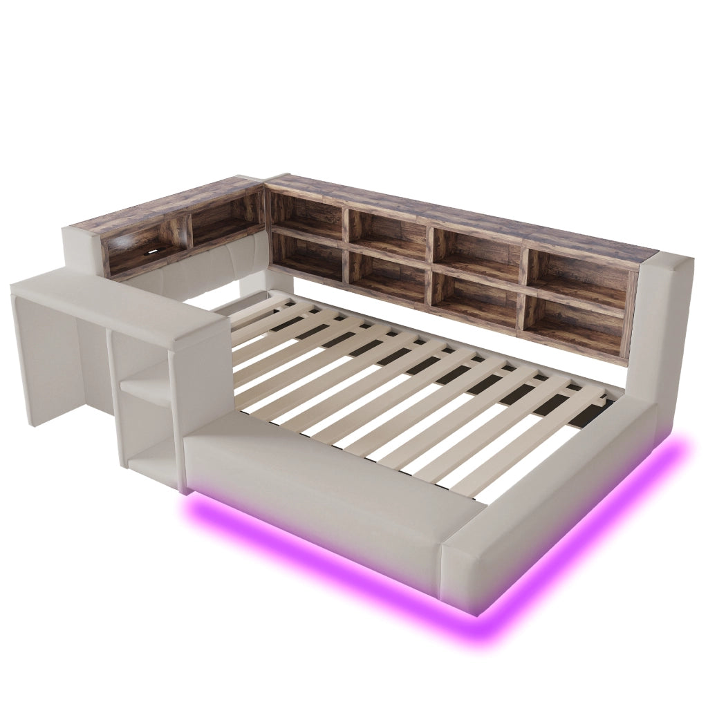 LETTO imbottito 90x200 cm Grigio chiaro con vani contenitore, LED e prese