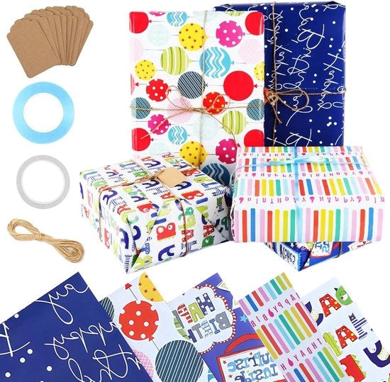 Pacco di carta da regalo per bambini con 5 motivi, 10 fogli da 50 cm - Include etichette, nastri, filo di legatura, nastro adesivo
