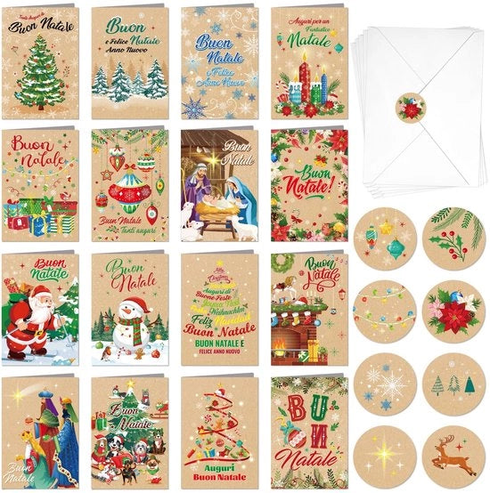 Set di Carte Natalizie da 16 pezzi - Festa Natalizia Felice - Con Buste - Realizzato con Carta Kraft - Dimensioni 16 x 11 cm - Inclusi Stickers - Carte di Auguri