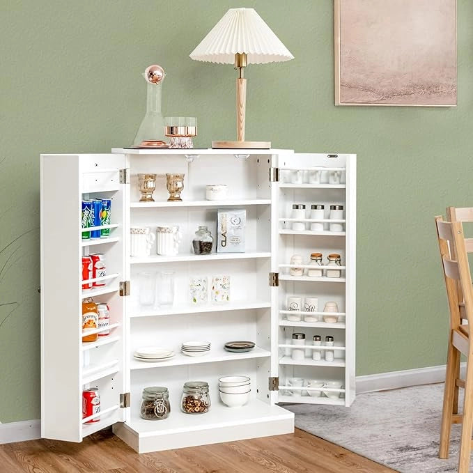 Armadietto Dispensa Alto 104 cm, Mobiletto da Cucina con Ante e Ripiani Regolabili, Credenza Autoportante per Sala da Pranzo, Soggiorno, Camere da Letto, 59 x 30 x 104 cm (Bianco)