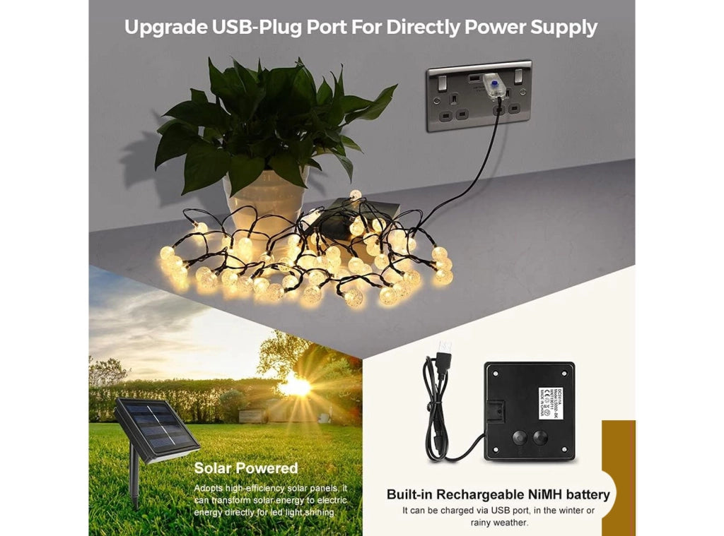 Strip LED Luci Solari e USB da Giardino 8 m 50 LED Impermeabili 8 modalità per Feste Natale Compleanni Luce Bianco Caldo