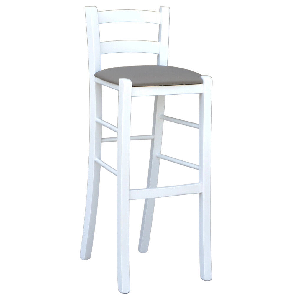 Sgabello in legno bianco laccato con seduta similpelle tortora h 80 cm