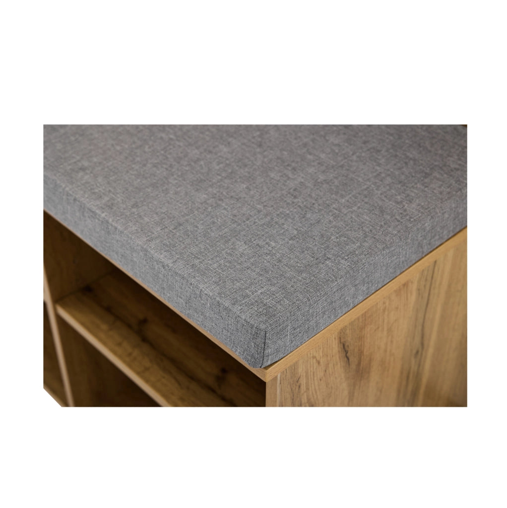 Set appendiabiti ULEVR 84x35x175 cm con panca portascarpe imbottita, ripiano regolabile e barra appendiabiti, color rovere