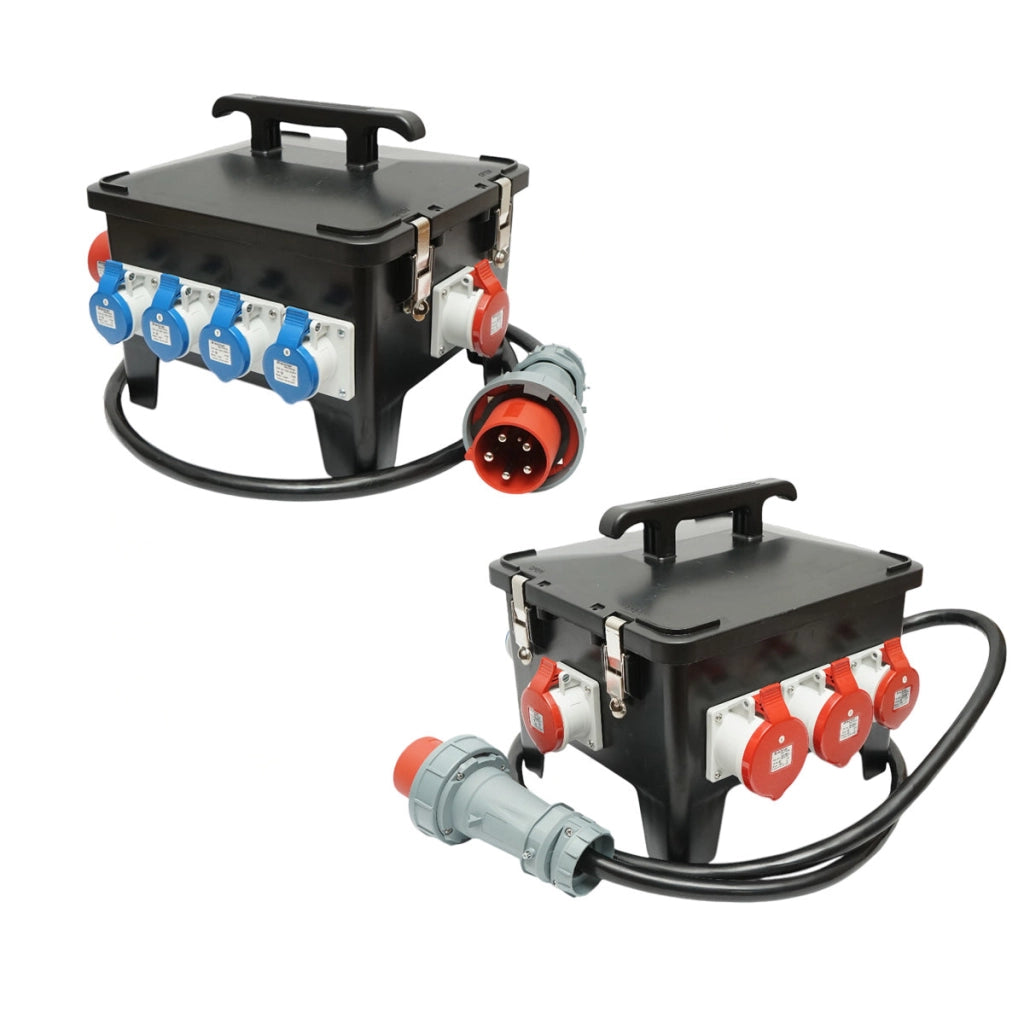 Quadro prese per cantiere portatile, 2 × 415V / 16A, 2 × 415V / 32A, 4 × 250V / 16A, dimensioni 370 × 340 × 330 mm, grado di protezione IP44 / IP54. Breckner Germany