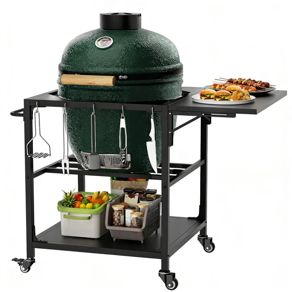 Tavolo per barbecue in metallo con piano pieghevole; ruote bloccabili; ganci e ripiano nero