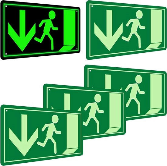 Set di 5 segnali di emergenza lampeggianti - 30 x 15 cm - Pannello di alluminio di alta qualità con pellicola adesiva - Freccia - Percorso di soccorso - Illuminazione di emergenza
