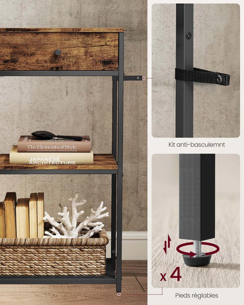 Tavolino da ingresso stretto con 2 cassetti in tessuto consolle/tavolino laterale su 3 livelli 24 x 76 x 80 cm per ingresso/soggiorno marrone 12_0007999