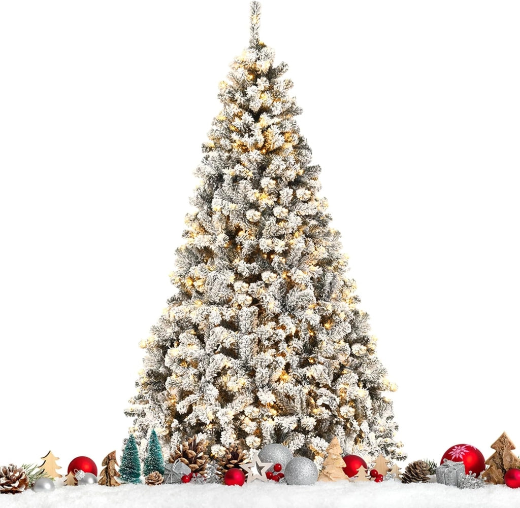 Albero di Natale Innevato 225 cm, Albero di Natale con 450 Luci a LED Bianco Caldo, 1010 Rami Folti e Base Metallica, Ideale per Casa, Ufficio e Negozio (225 CM)