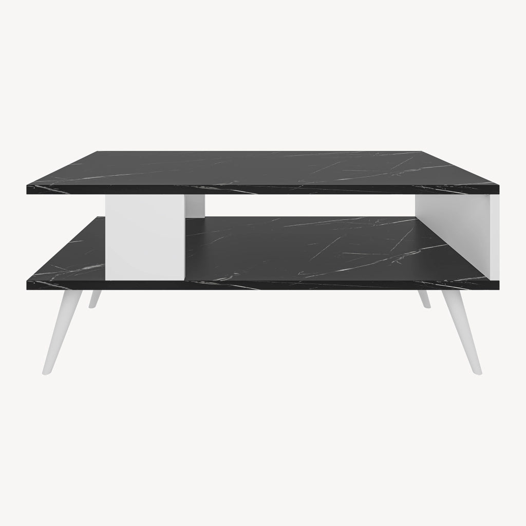 Tavolino Basso da Divano 'Lycksele' con Scomparto Semiaperto e 4 Piedini - Effetto Marmo Nero / Bianco [en.casa]