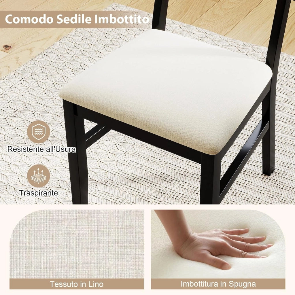 Set di 2 Sedie da Pranzo in Rattan, Sedie da Cucina Imbottite con Rivestimento in Tessuto, Gambe in Legno e Schienale Curvo per Soggiorno, Sala da Pranzo e Ristorante, Portata 180 kg