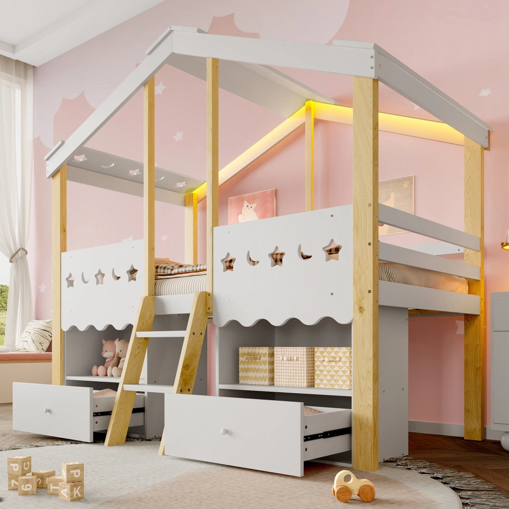 OKWISH Letto a Soppalco 90×200 cm, Letto Singolo con 2 Cassetti, LED Regolabile e Mensole, senza Materasso, in Pino, Bianco e Naturale