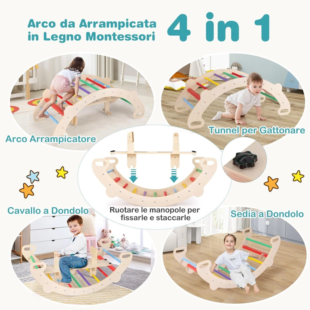 4 in 1 Arrampicata per Bambini, Arco Cavallo a Dondolo Multifunzionale in Legno, Dondolo a 35°, Ideale per Bambini 1-5 Anni, 112 x 52 x 44 cm