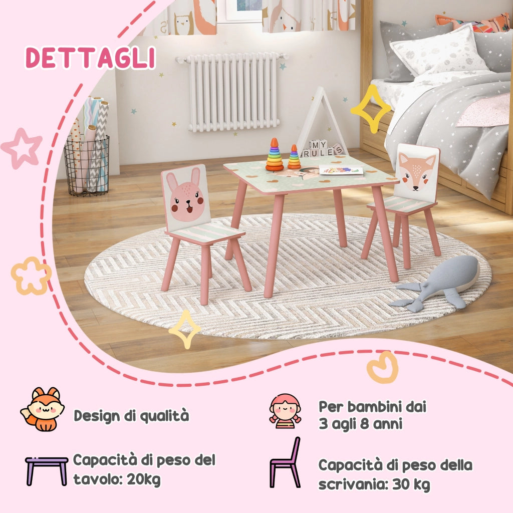 Tavolo e Sedie per Bambini ¨C Minimal ¨C Legno, Rosa, 3 Pezzi