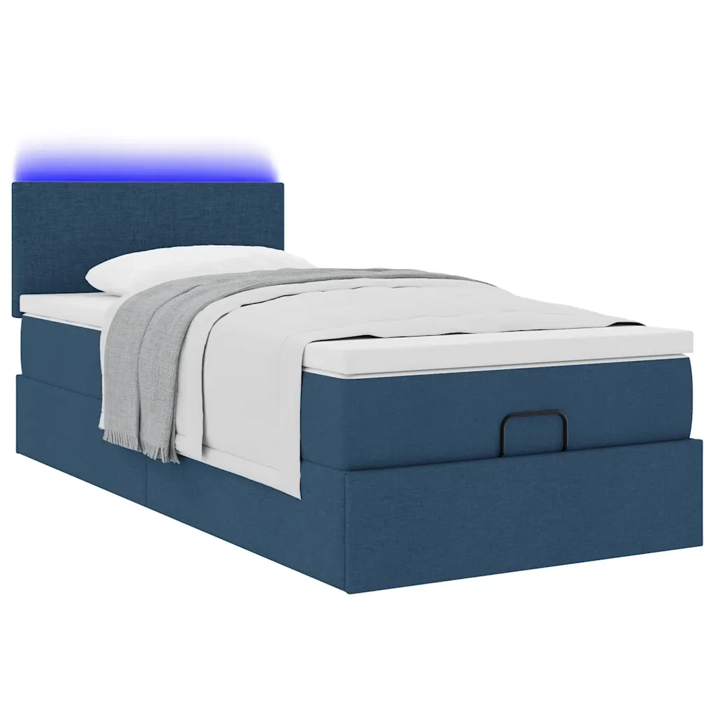 Pouf Letto con Materasso e LED Blu 90x200 cm in Tessuto