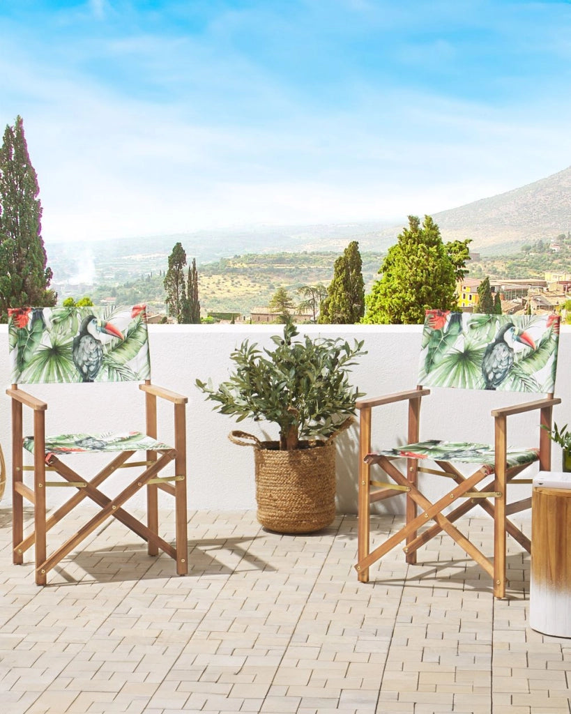 Set di 2 sedie da regista da giardino in legno chiaro con tessuto di ricambio in tessuto acacia bianco sporco con 2 Tele intercambiabili