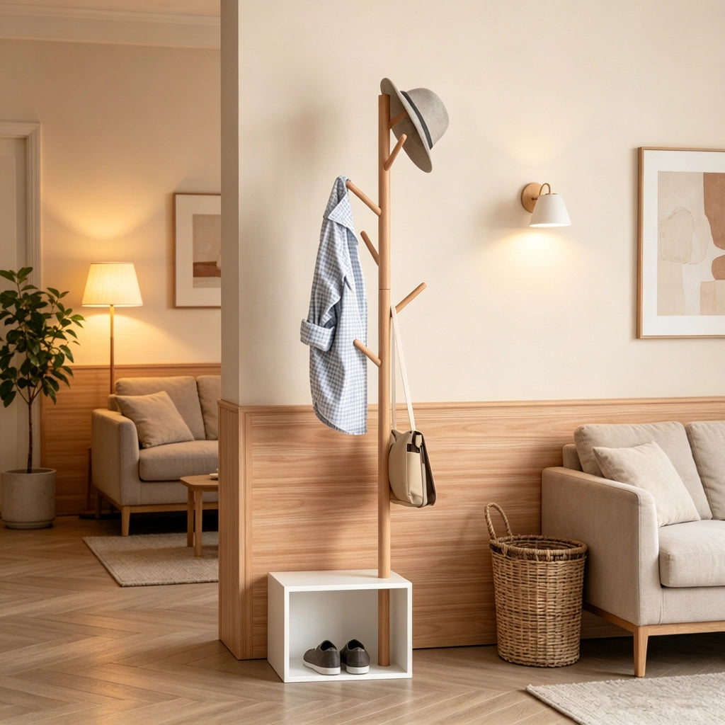 Mobile da ingresso con 6 ganci e panca contenitore; bianco e bambù; in MDF e legno di bambù