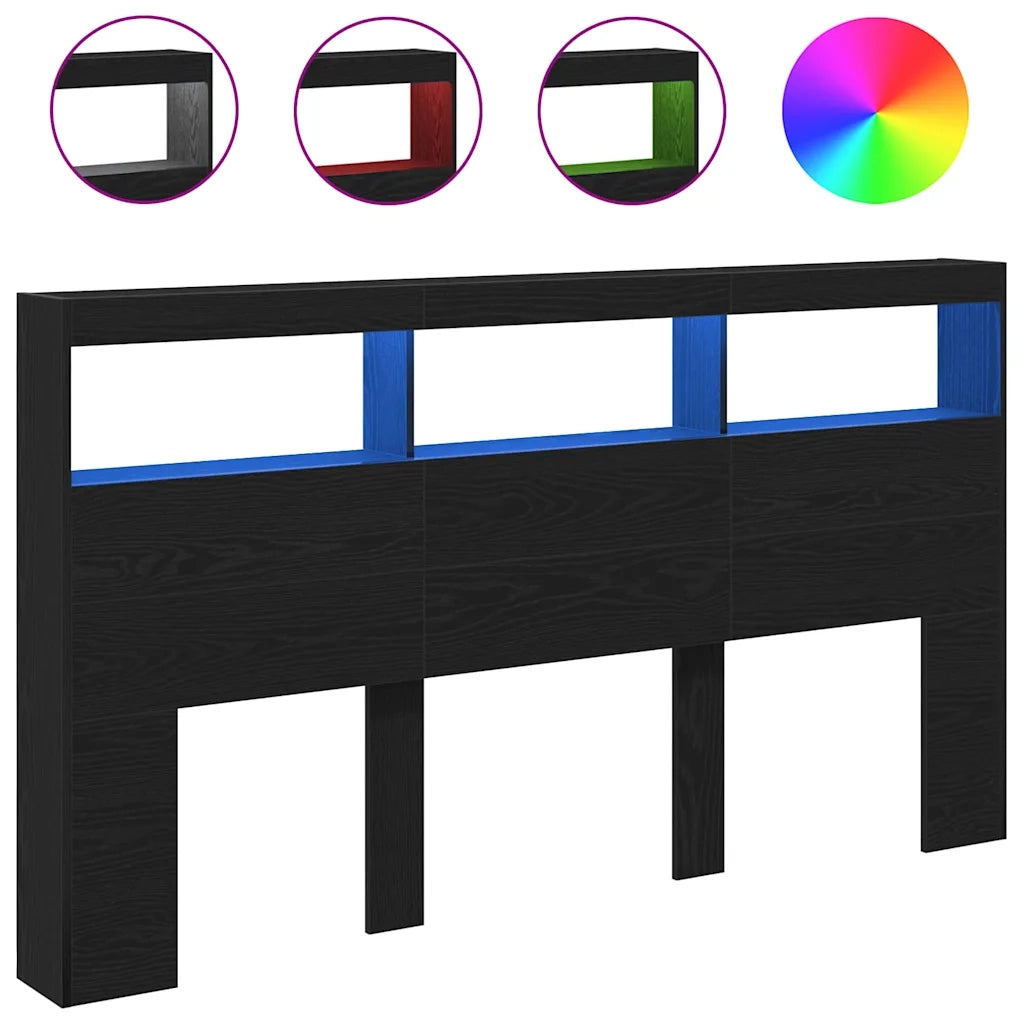 Testiera con Contenitore a LED-Testiera con Ripiani Rovere Nero 180x17x102 cm