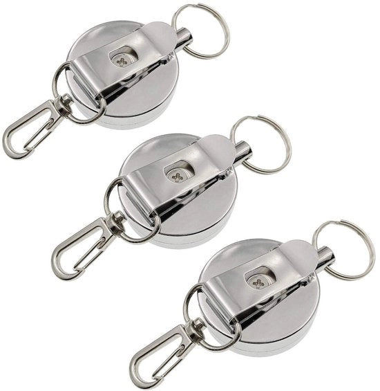 Sistema di appeso chiavi intercambiabile - 3 x Appeso chiavi con corda - Clip di cinturone - Catena in acciaio - Anello di carabina - Corda di filo di acciaio estendibile - Appeso chiavi in acciaio