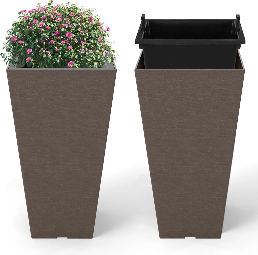 2 Vasi Alti Quadrati, Vasi da Fiori Auto-irriganti con Secchio Interno Rimovibile e Fori di Drenaggio, Contenitori Decorativi per Piante da Interno ed Esterno (29,5 x 29,5 x 57 cm)