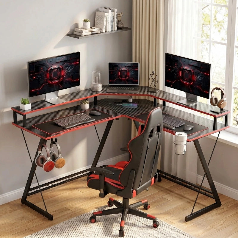 Scrivania ad L 128 cm con prese elettriche, supporto monitor, gancio cuffie e portabicchieri