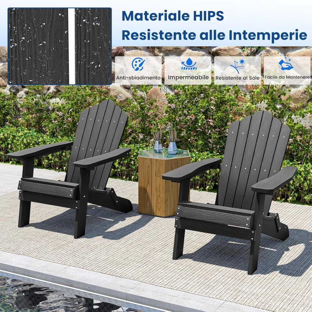 Sedia Adirondack Pieghevole da Giardino, Sedia da Patio in HIPS con Braccioli Larghi e Schienale Inclinato, Poltrona da Giardino in Legno, per Giardino Cortile, Portata 180 kg (Nero)