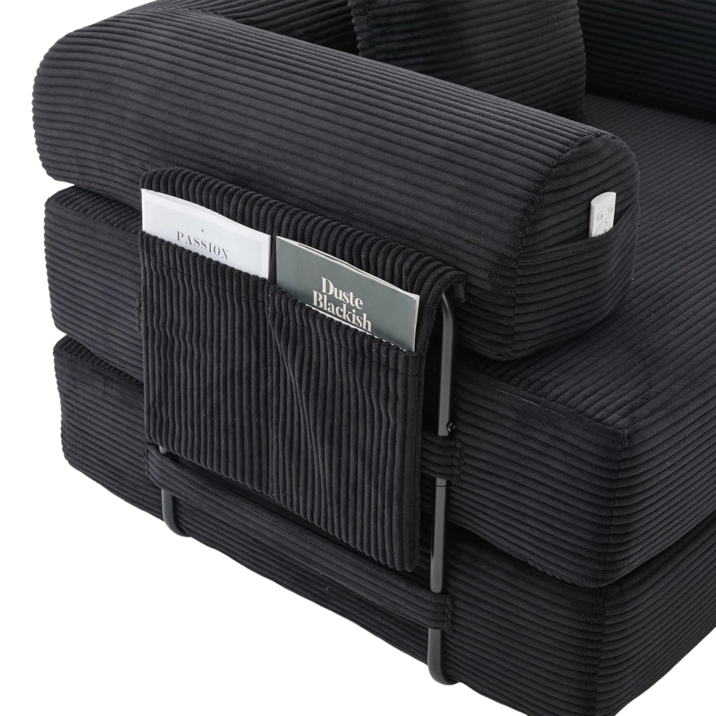Divano Modulare con Pouf ¨C MINIMAL ¨C Tessuto a Coste, Cuscini, Nero