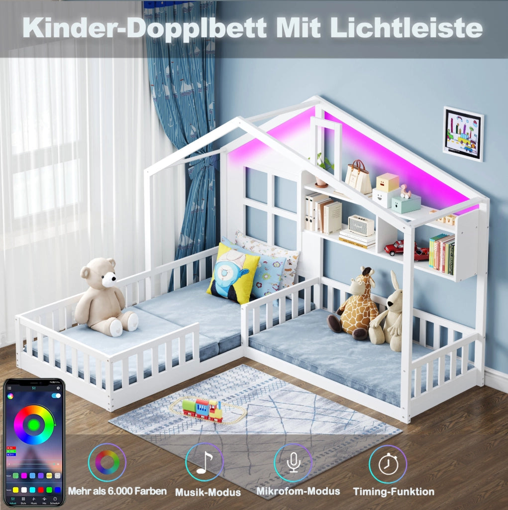 Letto a pavimento per bambini a forma di casetta con LED, ripiani e sponde