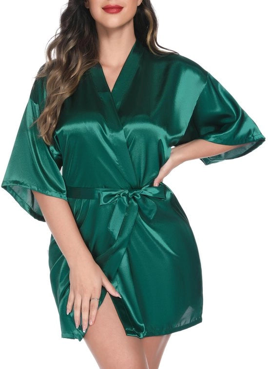 Kimono da Bagno Corta con Cintura e Collo V per Donna (L, Verde)