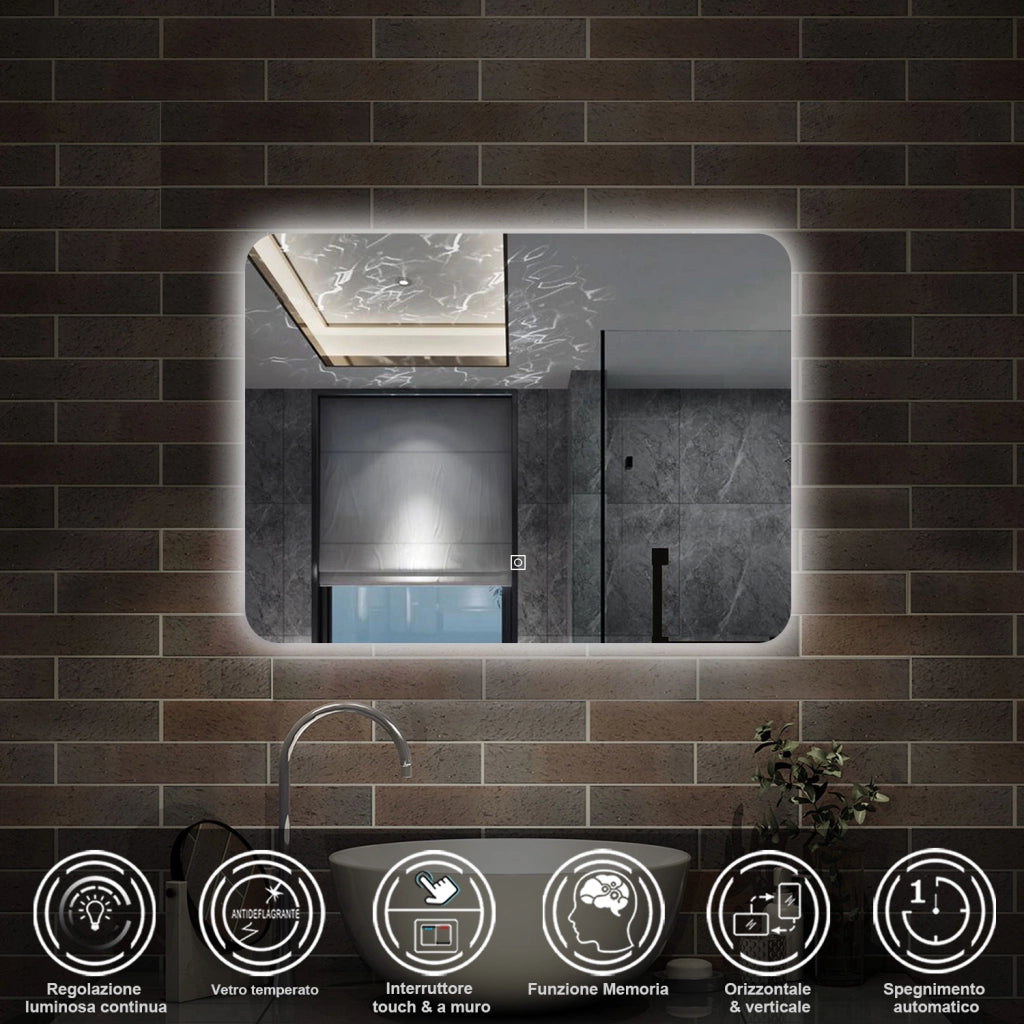 specchio 90 x 60 cm rettangolare con luce led e touch