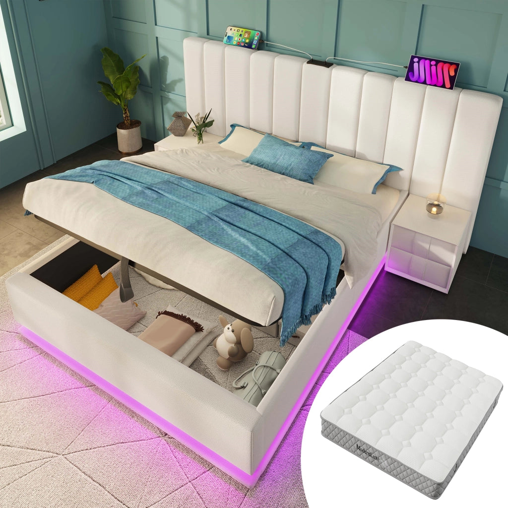 Letto contenitore matrimoniale 180 × 200 cm, LED, 3 porte USB e porta di tipo C, materasso incluso, in PU, bianco