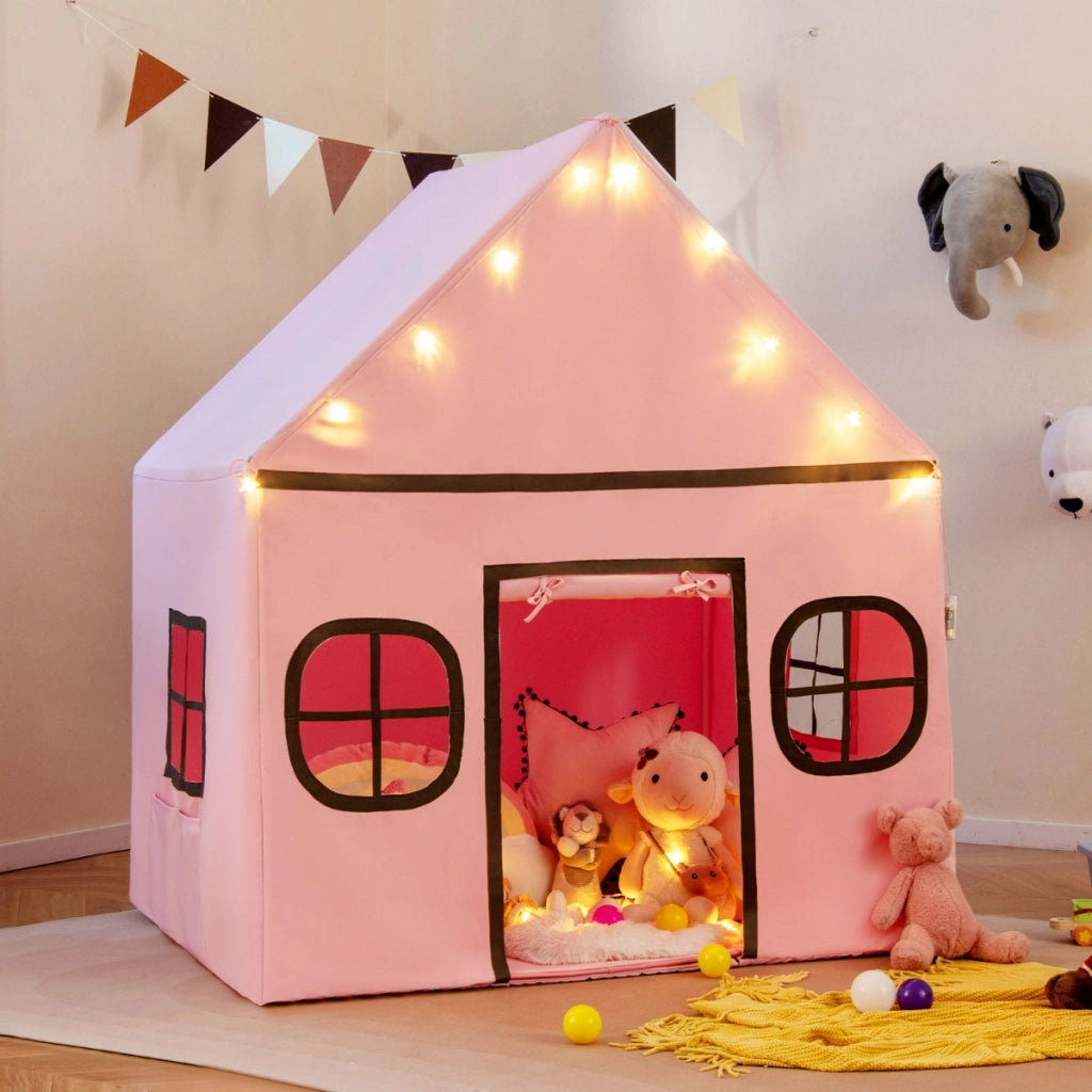 Tenda da gioco per bambini con tenda porta e finestre e luci a stella, Tenda da interno per bambini e bambine 3-10 anni Rosa
