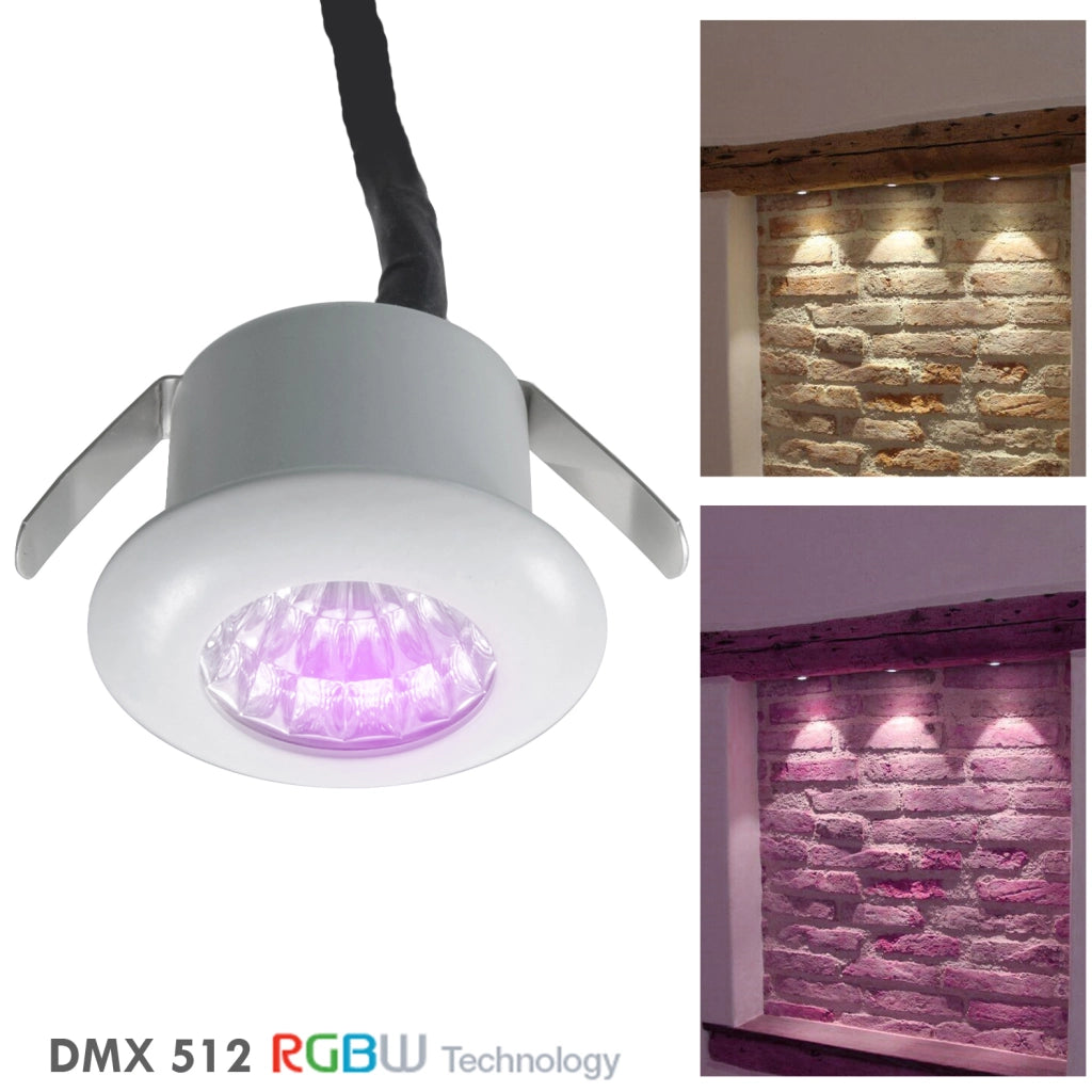 Mini faretto LED RGB RGBW SPOT incasso 25mm 2W 24V sincronizzabile DMX512 punto luce cromoterapia 5 fili RGB+3000K