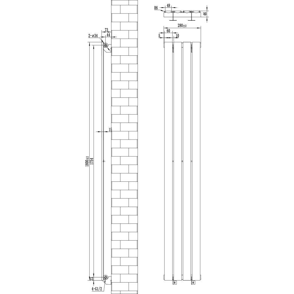 Radiatore Verticale 1800 x 280 mm con Valvole TRV Nero