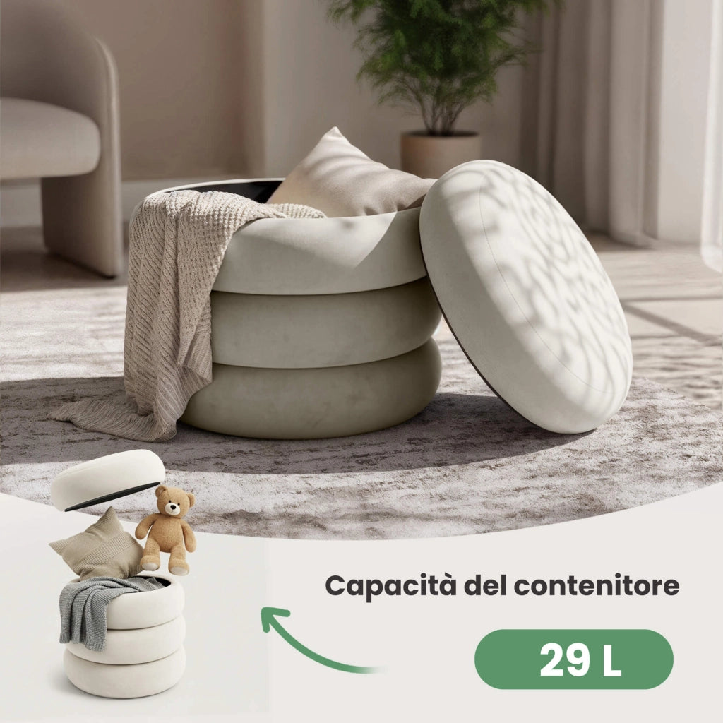 Pouf contenitore cilindrico in velluto 42 cm SNUGGO Crema