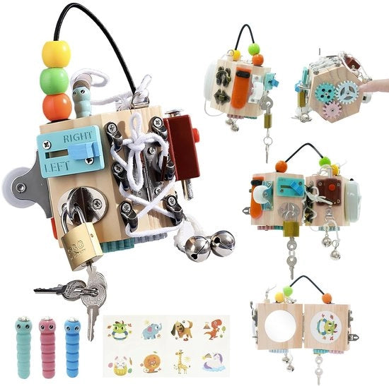 Bordo Multifunzionale 15-in-1 - Giocattolo Educativo - Cubo di Attività Sensoriale - Cubo di Fidget per lo Sviluppo della Motoria - Cubo di Fidget in Legno
