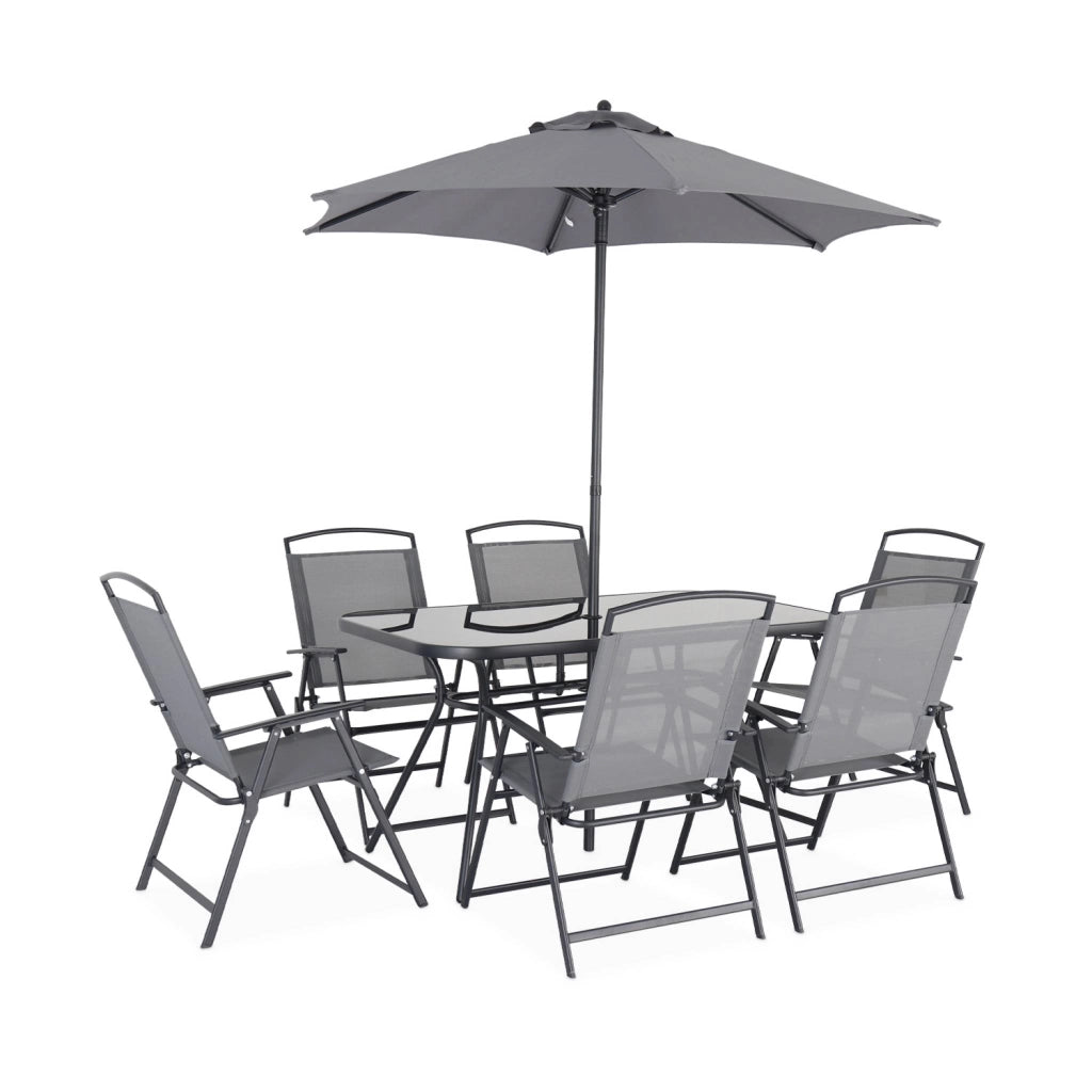 Set tavolo da giardino in acciaio con 6 poltrone e 1 ombrellone,