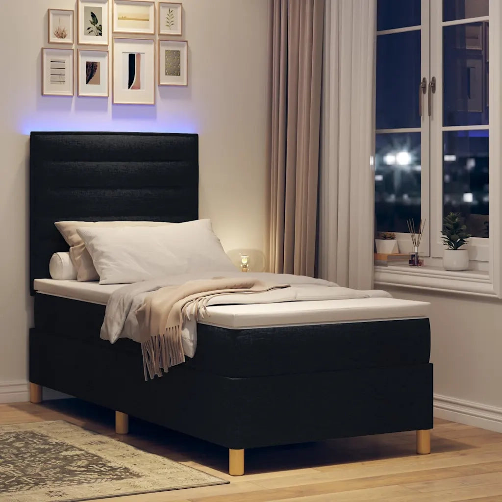 Letto a Sorgente LED con materasso Nero 90 x 190 cm Tessuto