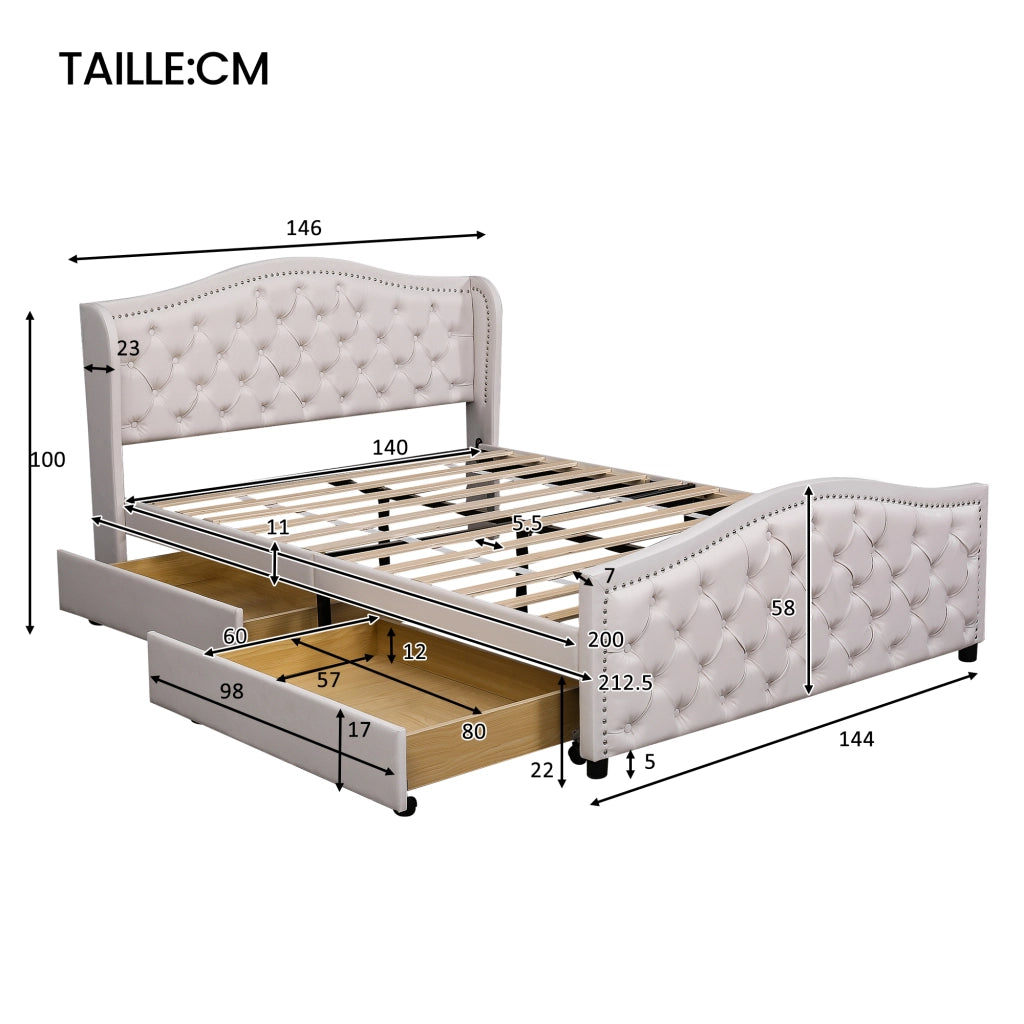 OKWISH Letto con Cassetti 140×200 cm, Letto Matrimoniale con 2 Cassetti e Testiera Imbottita, senza Materasso, in PU, Bianco