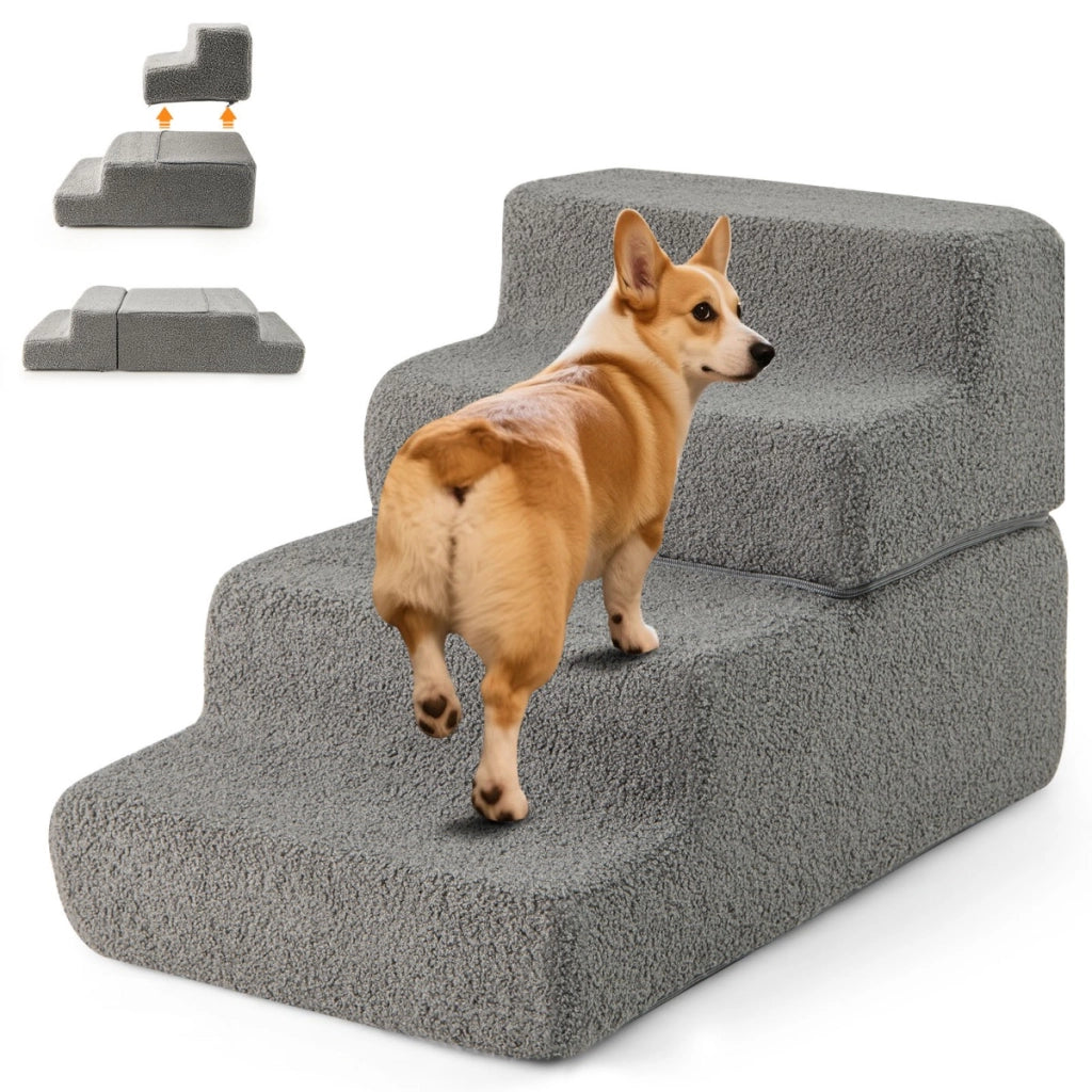 Rampa per cani pieghevole con fondo antiscivolo e copertura rimovibile, Scalette in schiuma a 4 gradini Grigio-Giochi e accessori per cani
