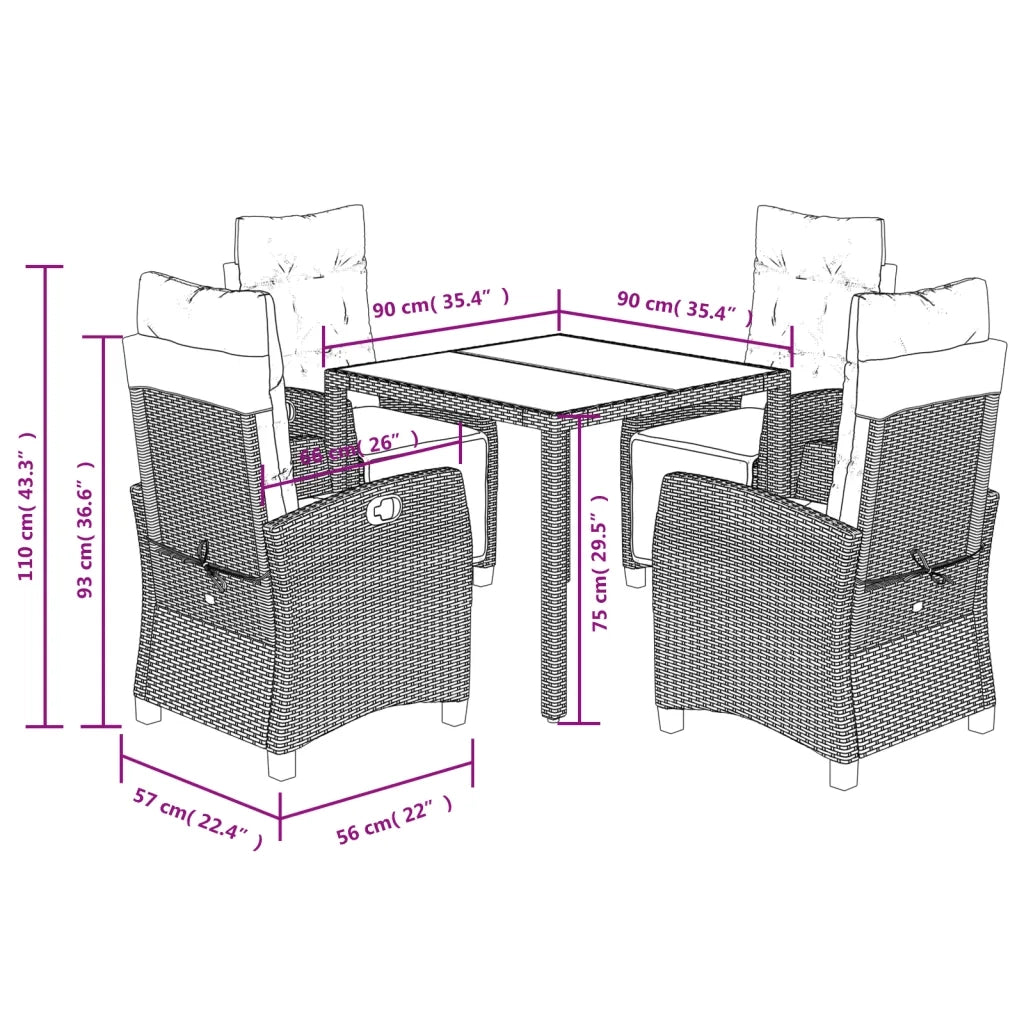 Set da Pranzo da Giardino 5 pz Nero con Cuscini in Polyrattan 3212907