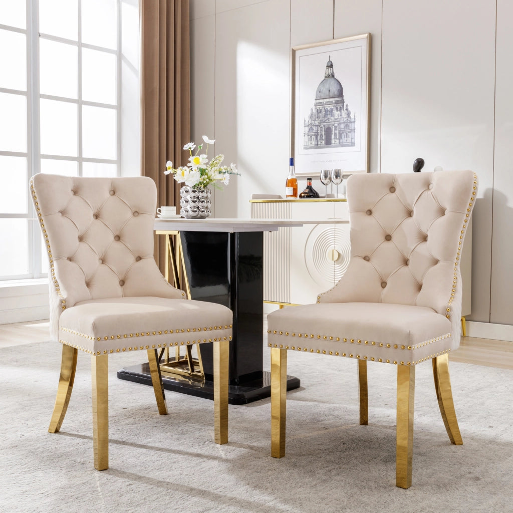 OKWISH Set di 2 Sedie da Pranzo con Anello Sullo Schienale e Borchie Decorative, Piedini Regolabili, Velluto Beige
