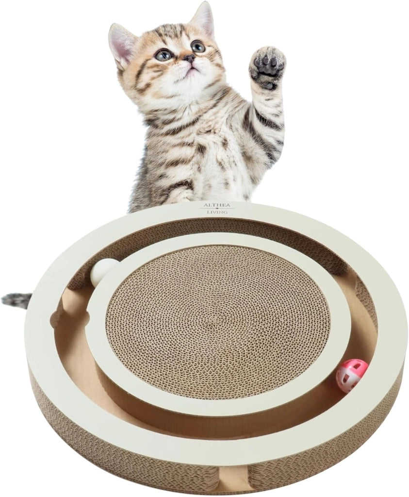 Gioco tiragraffi per gatti TIMÓN, base antiscivolo in cartone riciclato e palline rotanti 40 x 40 x 5 cm