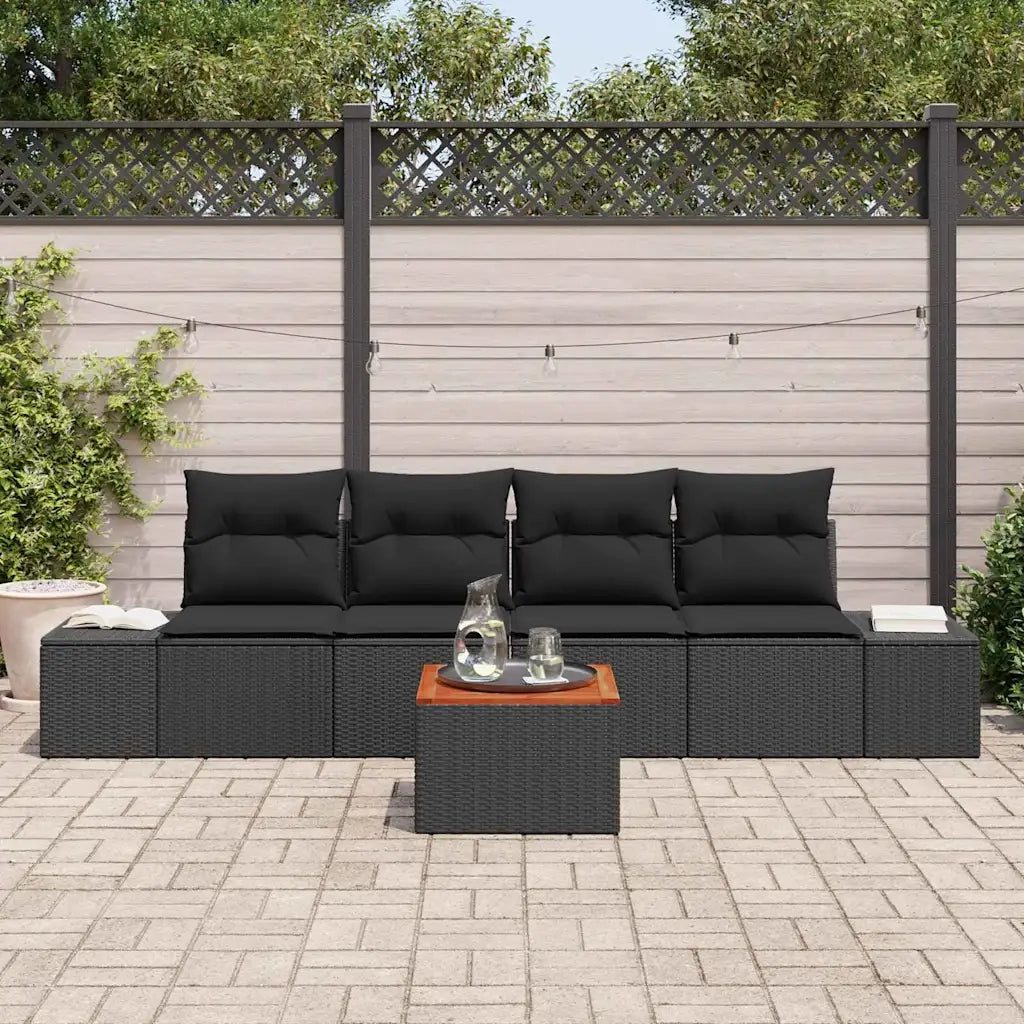 Set Divano da Giardino con cuscino 5 pcs Nero Poly Rattan