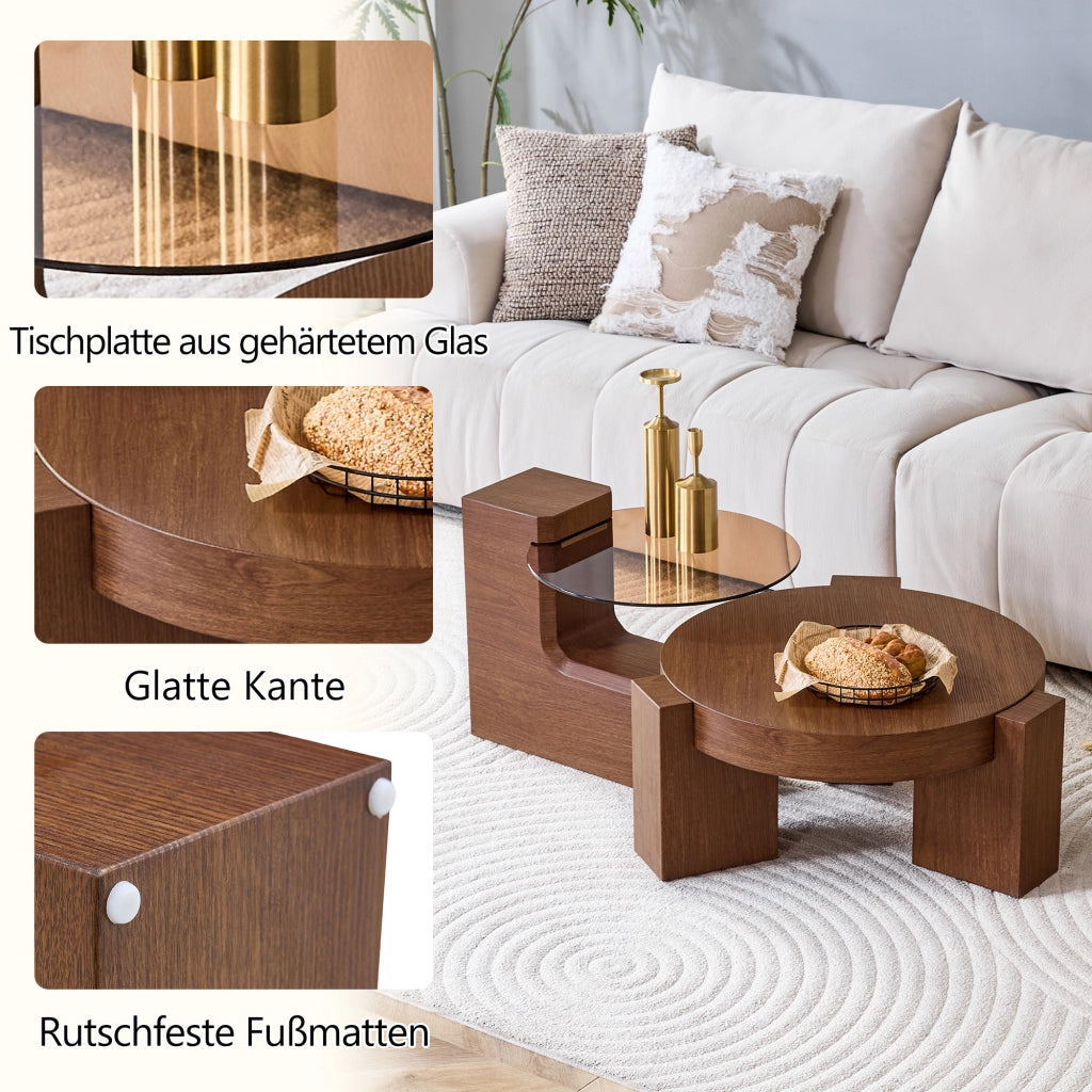 Set di tavolini da caffè separabili con vetro marrone e MDF effetto noce