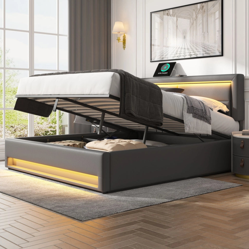 Letto imbottito – 140x190 cm – USB LED contenitore – PU litchi grigio
