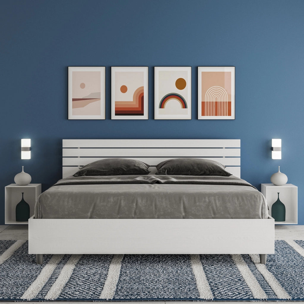BS COM Letto matrimoniale contenitore 160x200 testata dritta con doghe bianco frassino