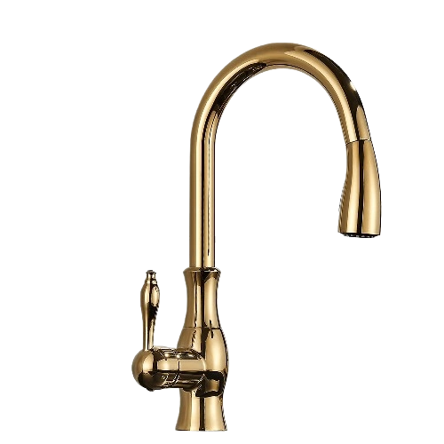 NAVIS | Elegante rubinetto cucina estraibile in acciaio inox dorato, arco alto, miscelatore di lusso, alta pressione, 360°, 2 attacchi