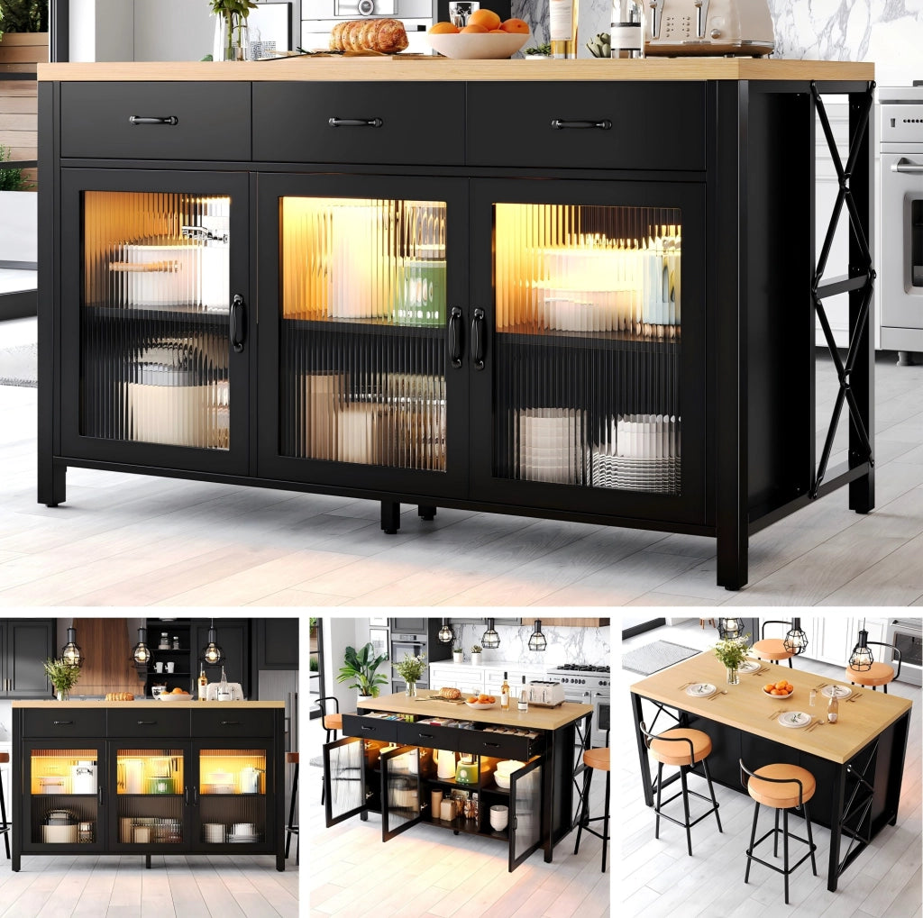 Isola da cucina industriale con 3 cassetti, ante in vetro, piano in legno 150x80x90 cm, illuminazione LED, piedini regolabili nero e naturale