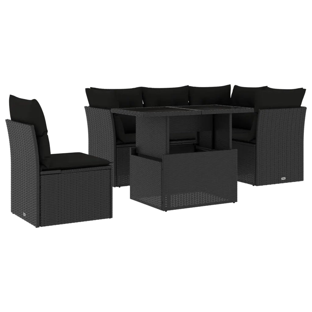 Set Divano da Giardino 6 pz con Cuscini Nero in Polyrattan